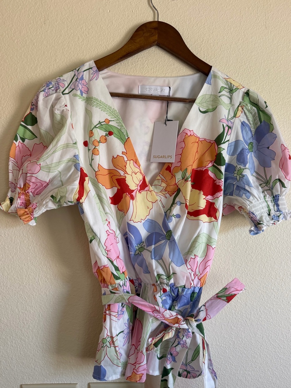 Sugarlips White Floral Wrap Top with Multicolor Blooms